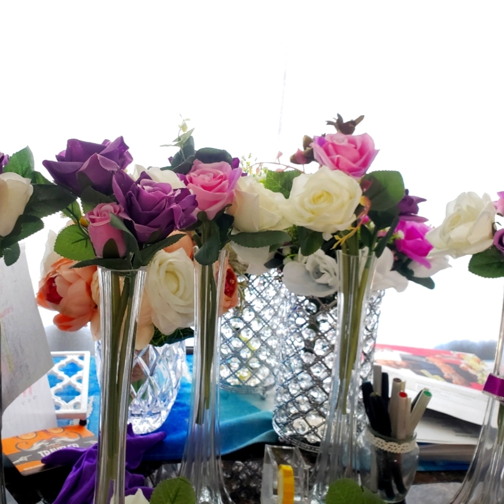 Artificial Flowers and 3 Glass Vases